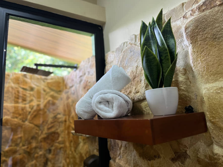 Repisa de madera sobre el muro de piedra de Reborn Spa con toallas blancas enrolladas y una sansevieria